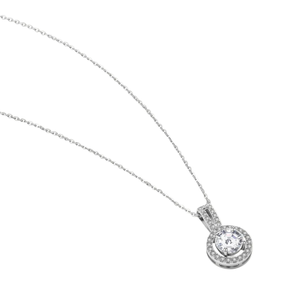 Platinum-plated sterling silver necklace with round halo pendant featuring central crystal surrounded by smaller stones