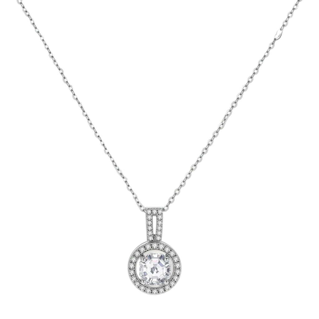 Platinum-plated sterling silver necklace with round halo pendant featuring central crystal surrounded by smaller stones