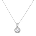 Platinum-plated sterling silver necklace with round halo pendant featuring central crystal surrounded by smaller stones
