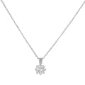 Platinum-plated sterling silver necklace with round clear crystal pendant and decorative bail on neutral background.