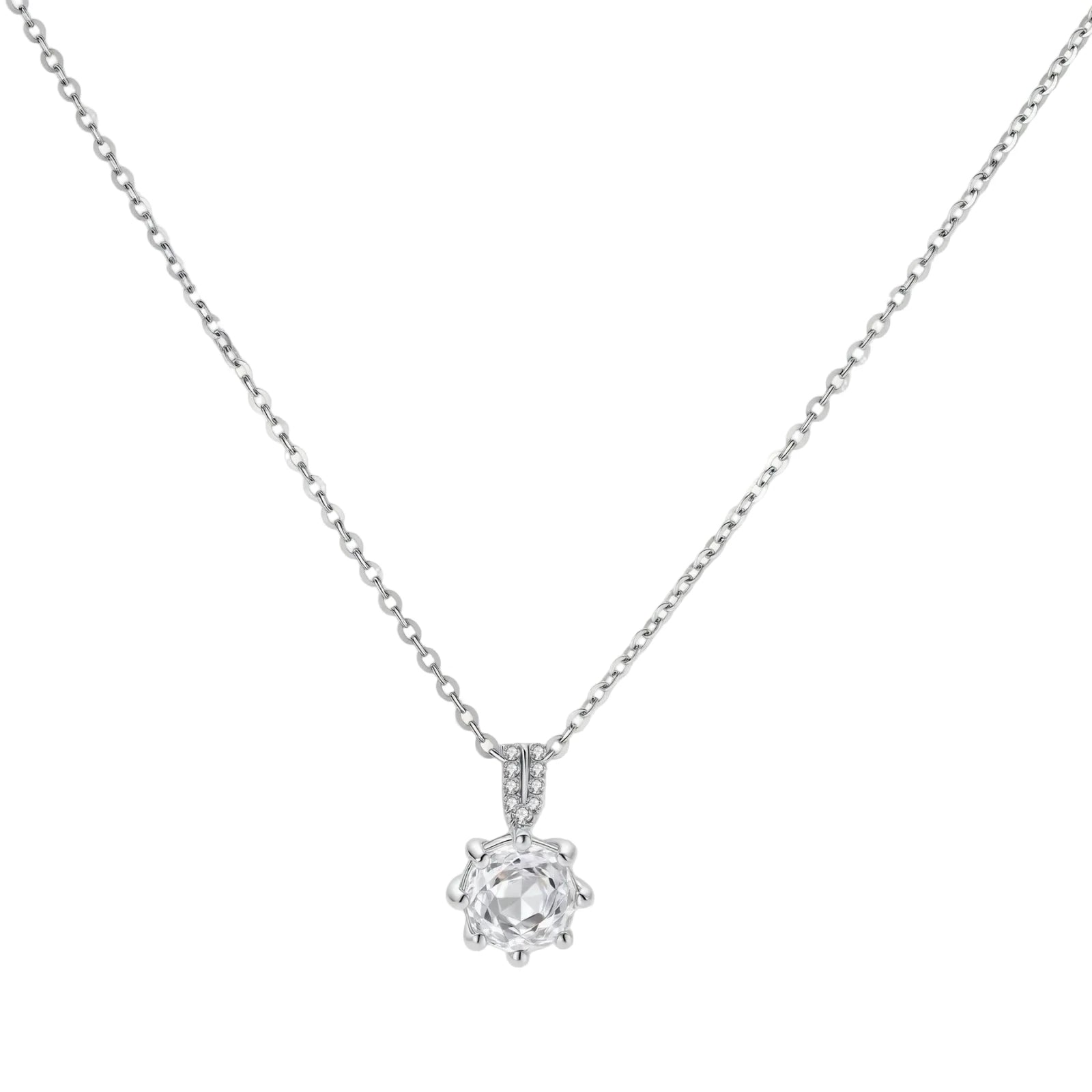 Platinum-plated sterling silver necklace with round clear crystal pendant and decorative bail on neutral background.