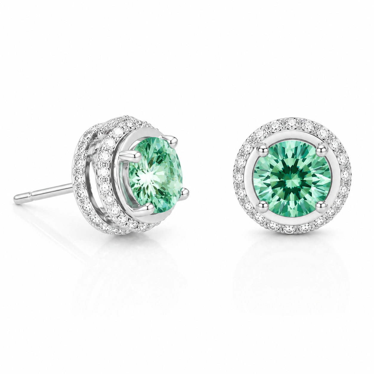 Emerald Spark Halo Moissanite Stud Earrings
