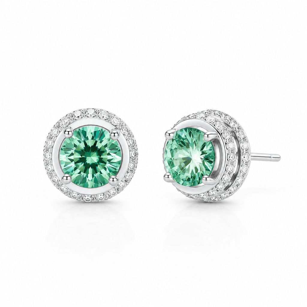 Emerald Spark Halo Moissanite Stud Earrings