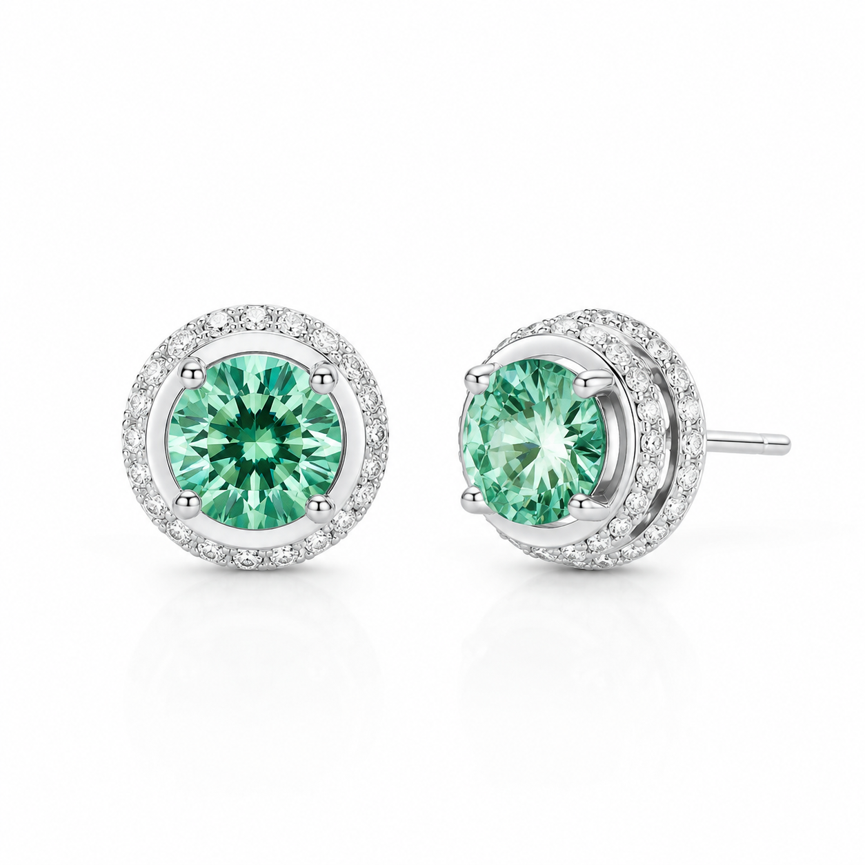 Emerald Spark Halo Moissanite Stud Earrings