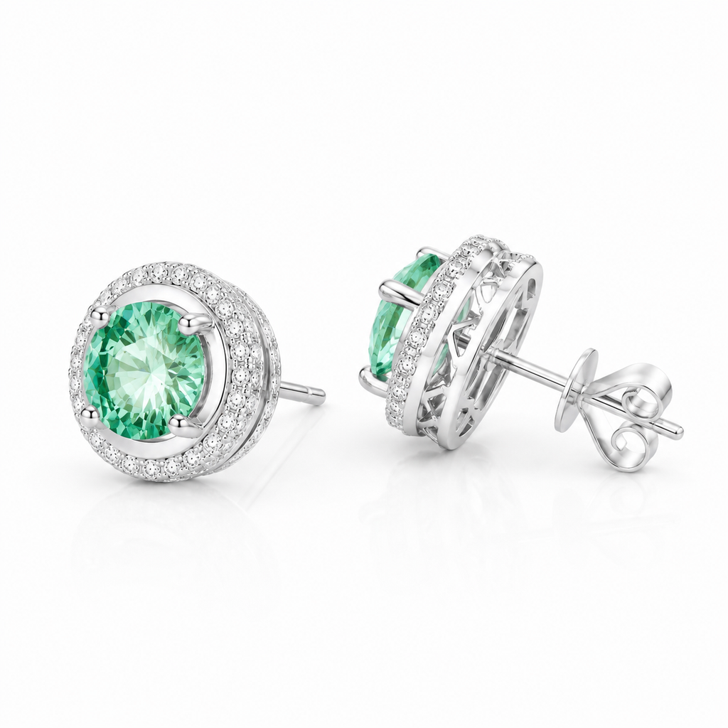 Emerald Spark Halo Moissanite Stud Earrings