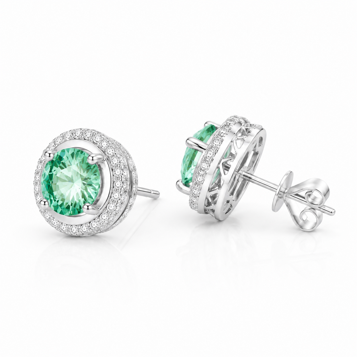 Emerald Spark Halo Moissanite Stud Earrings