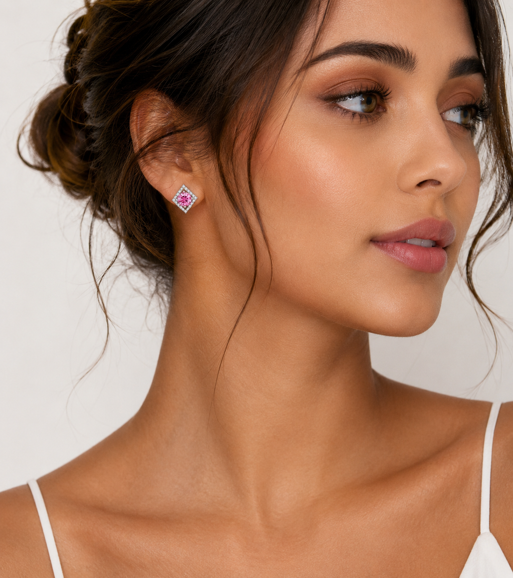 Diamond Shaped Halo Moissanite Stud Earrings
