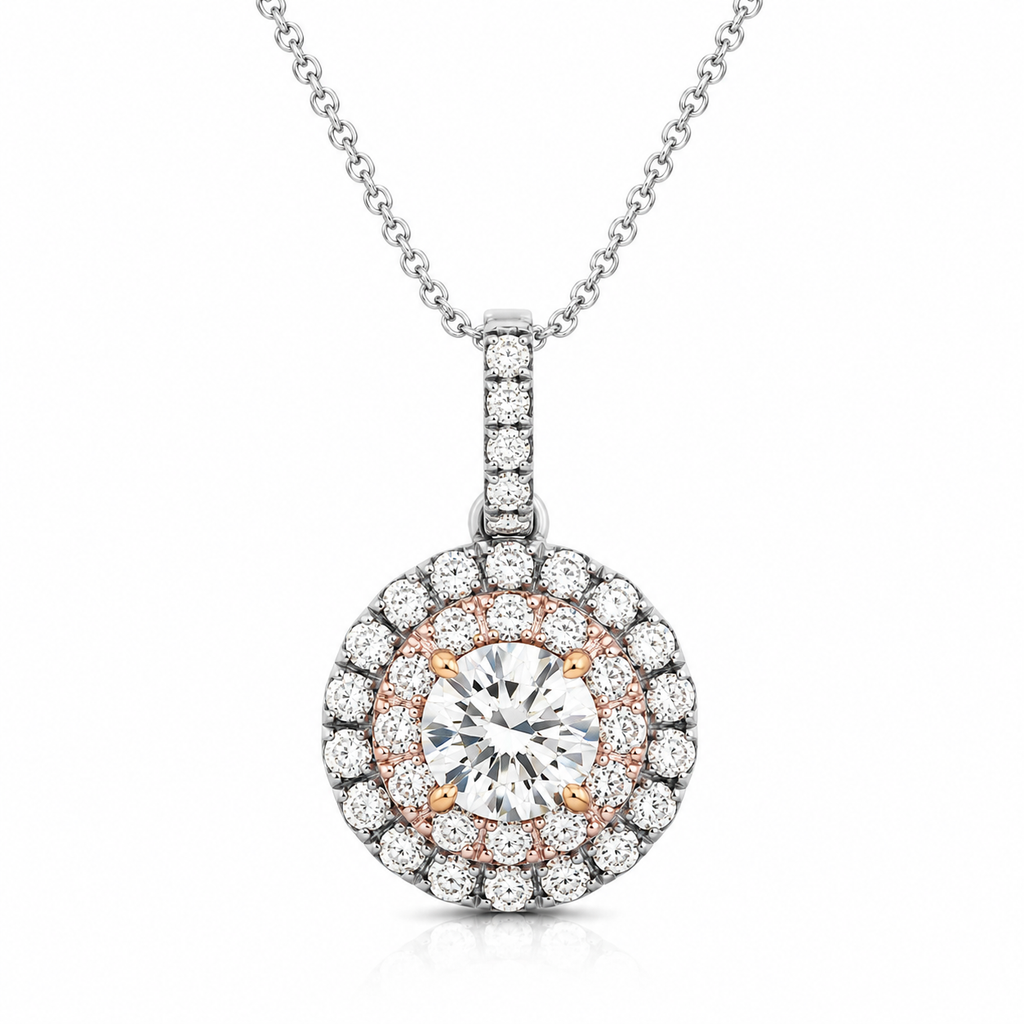 Round Shape Halo Diamond Pendant in 14k White and Rose Gold (1/2 cttw)