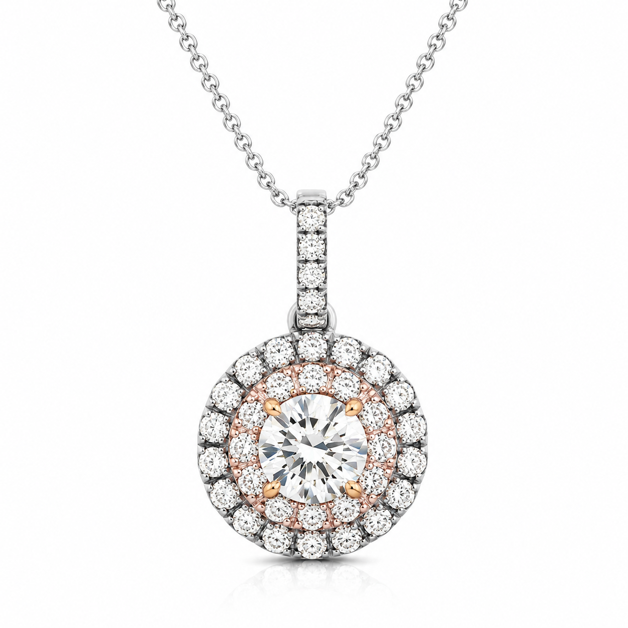 Round Shape Halo Diamond Pendant in 14k White and Rose Gold (1/2 cttw)