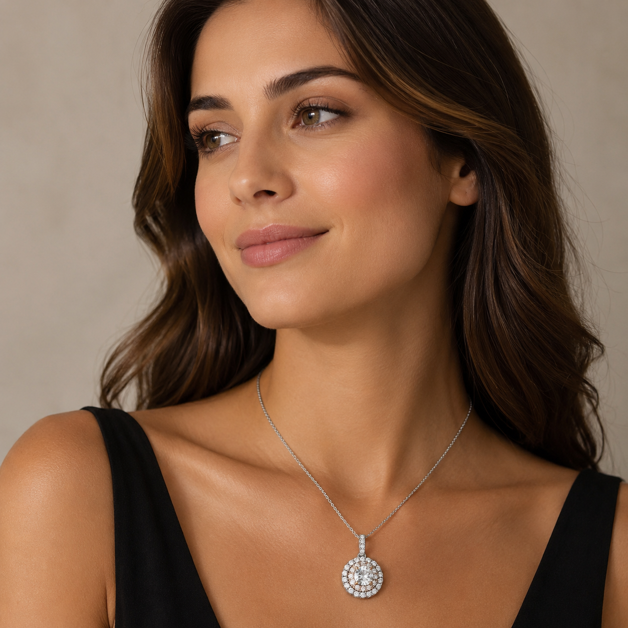 Round Shape Halo Diamond Pendant in 14k White and Rose Gold (1/2 cttw)