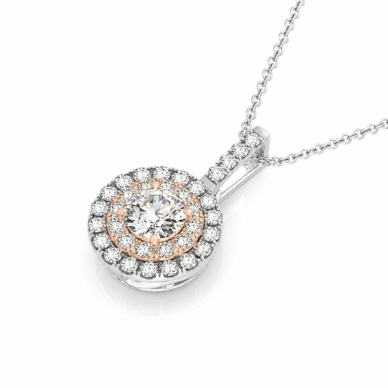 Round Shape Halo Diamond Pendant in 14k White and Rose Gold (1/2 cttw)