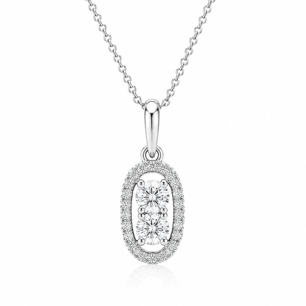 Outer Oval Shaped Two Stone Diamond Pendant in 14k White Gold (5/8 cttw)